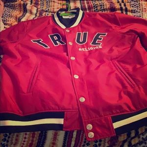 True Religion letterman’s button up jacket
